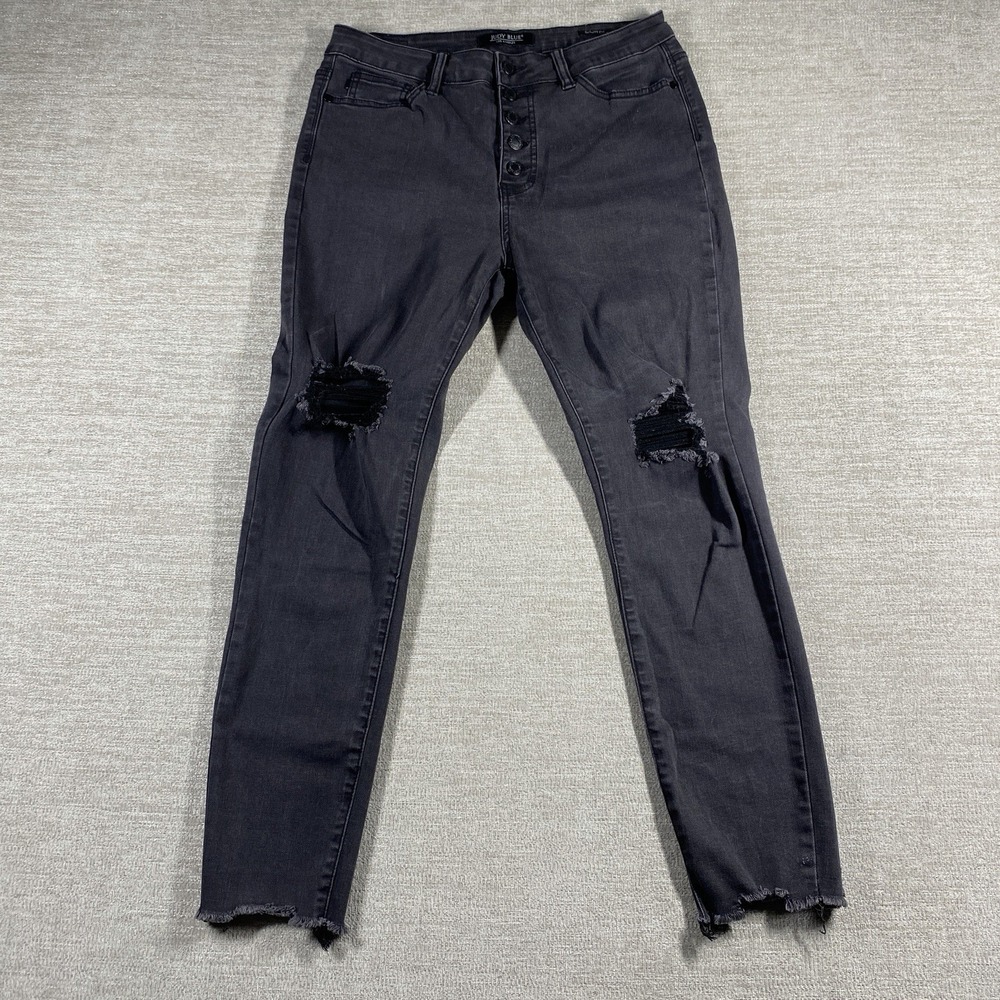Judy Blue Skinny Fit Jeans 11/30 Black Distressed Button Fly Raw Hem